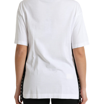 Dolce & Gabbana White Slogan Print Lacing Detailed T-shirt