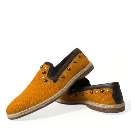 Dolce & Gabbana Orange Linen Leather Studded Loafers Shoes