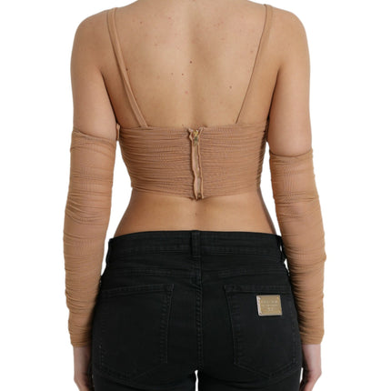 Dolce & Gabbana Brown Nylon Stretch Open Shoulder Cropped Top