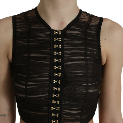 Dolce & Gabbana Brown Embellished Nylon Stretch Cropped Top