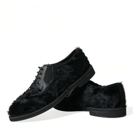 Dolce & Gabbana Black Fur Leather Lace Up Derby Dress Shoes