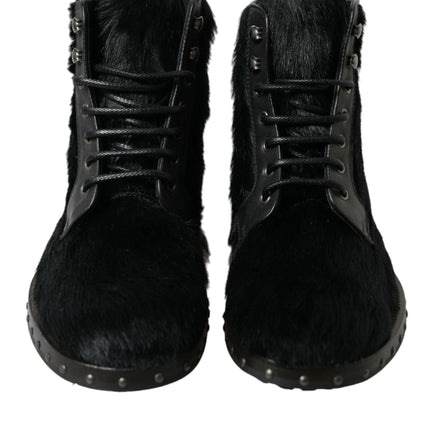 Dolce & Gabbana Black Pony Style Leather Mid Calf Boots Shoes