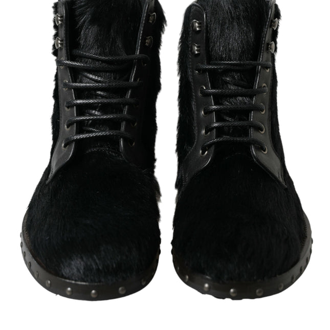 Dolce & Gabbana Black Pony Style Leather Mid Calf Boots Shoes
