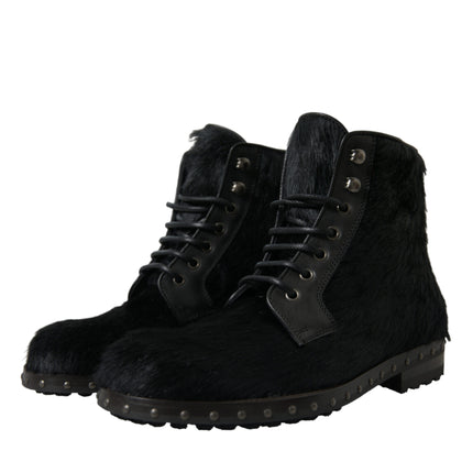 Dolce & Gabbana Black Pony Style Leather Mid Calf Boots Shoes