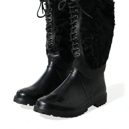 Dolce & Gabbana Black Rubber Lace Up Shearling Rain Boots Shoes