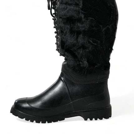 Dolce & Gabbana Black Rubber Lace Up Shearling Rain Boots Shoes
