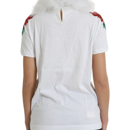 Dolce & Gabbana White Cotton Christmas Sequin Fur T-shirt