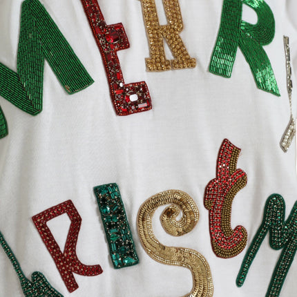 Dolce & Gabbana White Cotton Christmas Sequin Fur T-shirt