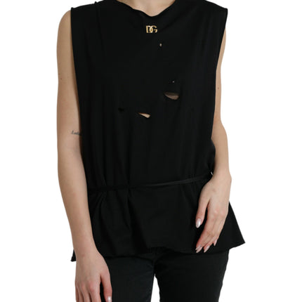 Dolce & Gabbana Black Cotton Lace Up Logo Round Neck Tank Top