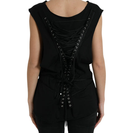 Dolce & Gabbana Black Cotton Lace Up Logo Round Neck Tank Top
