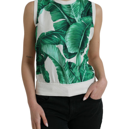 Dolce & Gabbana White Banana Leaf Print Crew Neck Tank Top