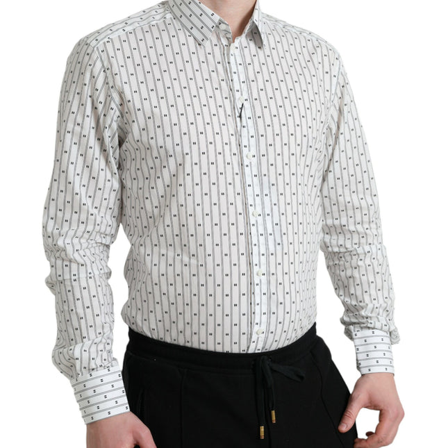 Dolce & Gabbana White Patterned Men GOLD Formal Dress Shirt