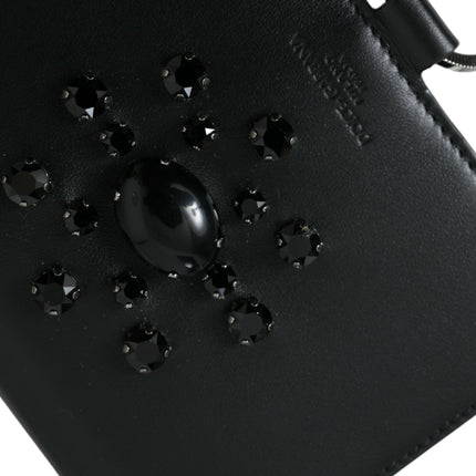 Dolce & Gabbana Black White Leather Crystal Embellished Cardholder Wallet