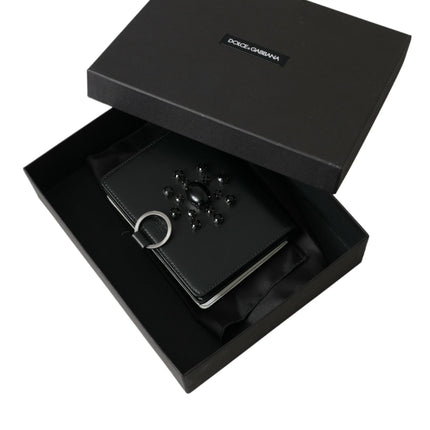 Dolce & Gabbana Black White Leather Crystal Embellished Cardholder Wallet