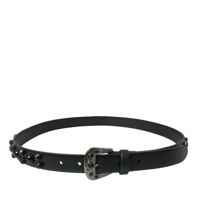 Dolce & Gabbana Black Embellished Leather Engraved Buckle Belt