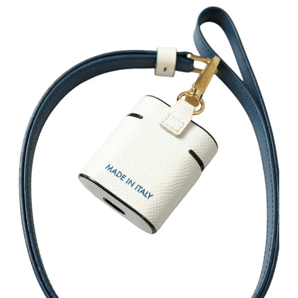 Dolce & Gabbana White Blue Calf Leather Logo Print Strap Airpods Case