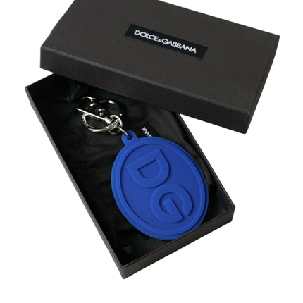 Dolce & Gabbana Blue Rubber DG Logo Silver Brass Metal Keyring Keychain