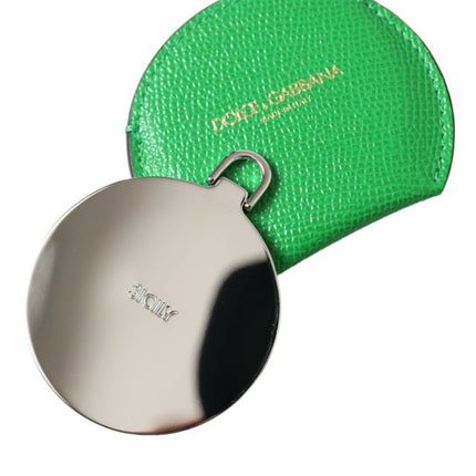 Dolce & Gabbana Green Calfskin Leather Round Logo Hand Mirror Holder