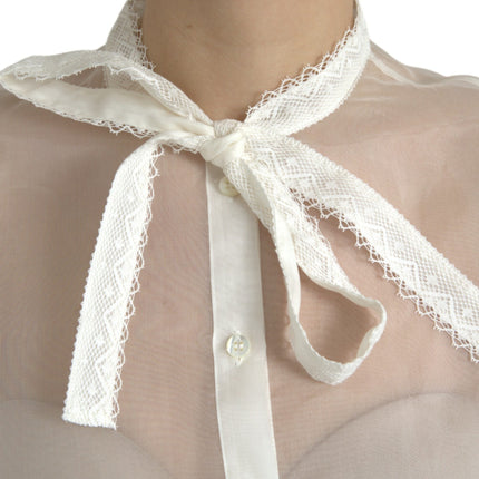 Dolce & Gabbana White Silk Long Sleeves Ascot Collar Top