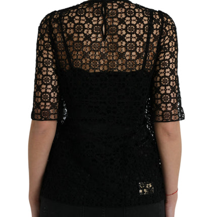 Dolce & Gabbana Black Floral Lace Short Sleeves Blouse Top