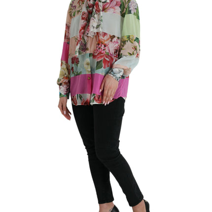 Dolce & Gabbana Multicolor Floral Patchwork Ascot Collar Top