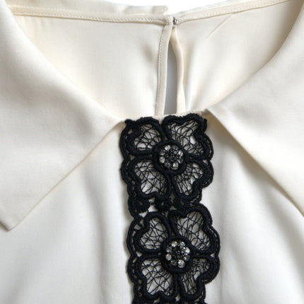 Dolce & Gabbana Off White Silk Lace Trim Short Sleeves Top