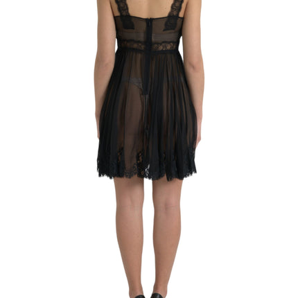 Dolce & Gabbana Black Silk Pleated Lace Chiffon Mini Dress