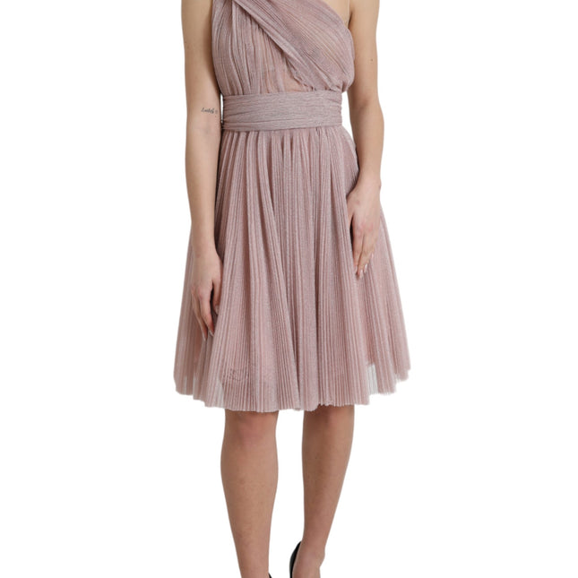 Dolce & Gabbana Light Lilac Pleated Lame Tulle One Shoulder Dress