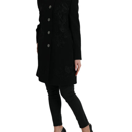 Dolce & Gabbana Black Floral Wool Button Embellished Jacket