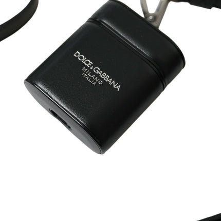 Dolce & Gabbana Black Leather Strap Silver Metal Logo Printed Airpods Case