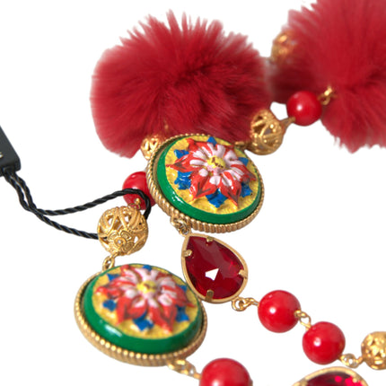 Dolce & Gabbana Gold Brass Red Fur Crystal Carretto Chain Necklace
