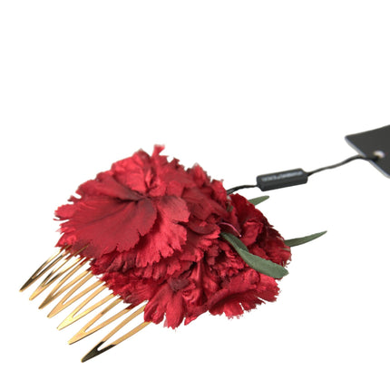Dolce & Gabbana Red Silk Floral Gold Brass Women Hair Comb