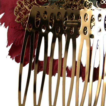 Dolce & Gabbana Red Silk Floral Gold Brass Women Hair Comb