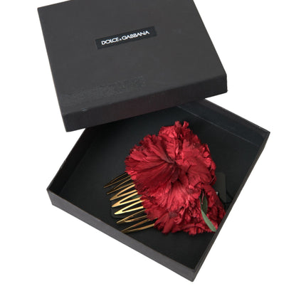Dolce & Gabbana Red Silk Floral Gold Brass Women Hair Comb