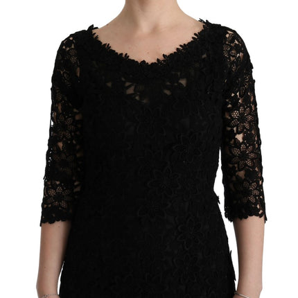 Dolce & Gabbana Black Floral Ricamo Sheath Long Dress