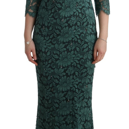Dolce & Gabbana Green Floral Crystal Ricamo Sheath Dress