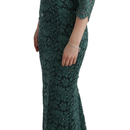 Dolce & Gabbana Green Floral Crystal Ricamo Sheath Dress