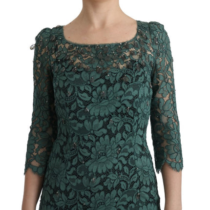 Dolce & Gabbana Green Floral Crystal Ricamo Sheath Dress