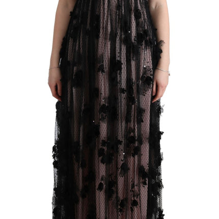Dolce & Gabbana Black Pink Silk Applique Shift Dress