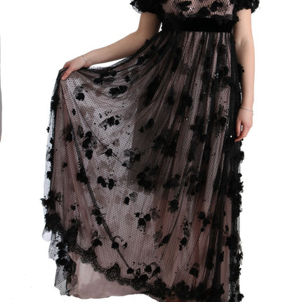Dolce & Gabbana Black Pink Silk Applique Shift Dress