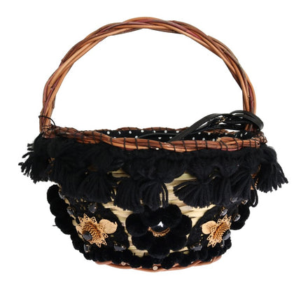 Dolce & Gabbana Beige Straw Snakeskin Pom Pom Crystal AGNESE Bag