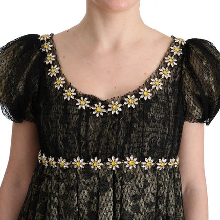 Dolce & Gabbana Black Yellow Crystal Lace Shift Dress