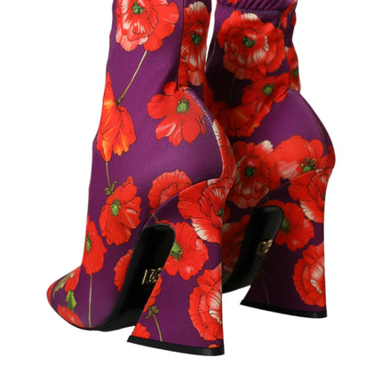 Dolce & Gabbana Purple Floral Jersey Stretch Boots Shoes