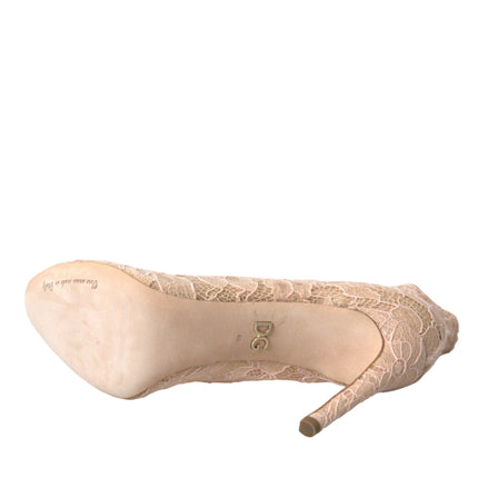 Dolce & Gabbana Beige Stretch Taormina Lace Boots Shoes