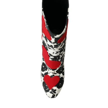 Dolce & Gabbana White Floral Hearts Leather High Boots Shoes