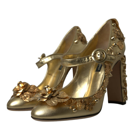 Dolce & Gabbana Gold Leather Crystal Mary Janes Pumps Shoes