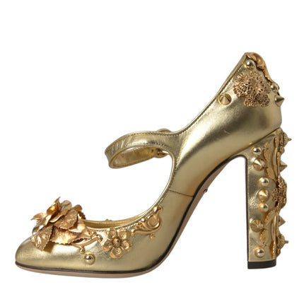Dolce & Gabbana Gold Leather Crystal Mary Janes Pumps Shoes