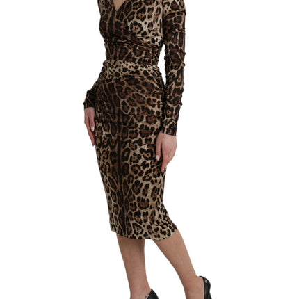 Dolce & Gabbana Brown Leopard Print Bodycon V-neck Midi Dress