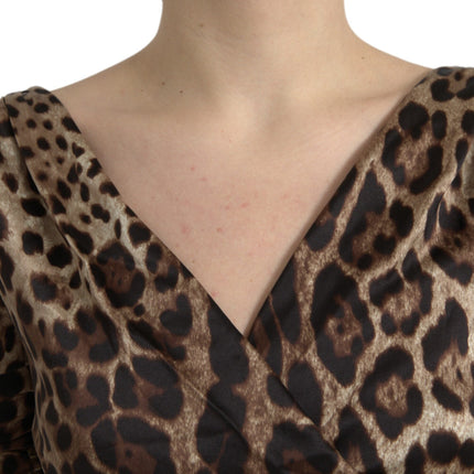 Dolce & Gabbana Brown Leopard Print Bodycon V-neck Midi Dress