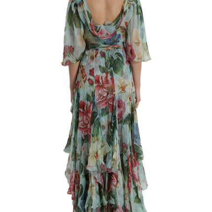 Dolce & Gabbana Blue Floral Print Tiered Long Maxi Dress